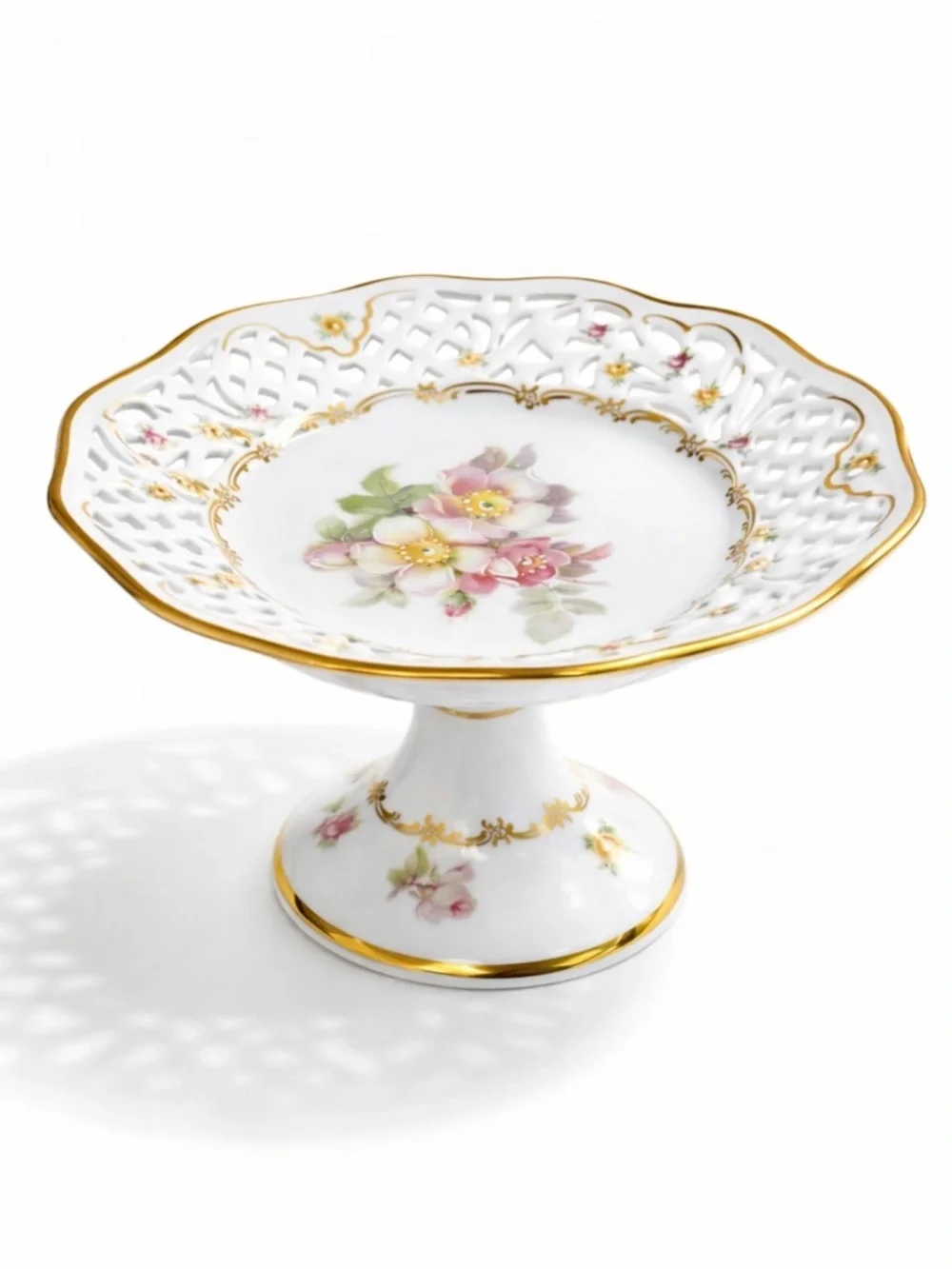 Schumann‎ Arzberg Pedestal Compote Bowl Reticulated Floral Gold Germany